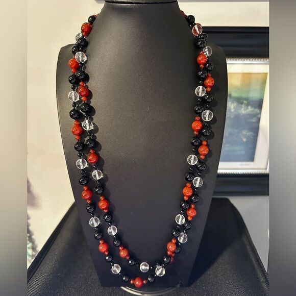 Red Carnelian & Black Spinel Hand Knotted Necklace 58\